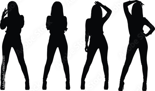 Vector silhouette of four confident women posing, fashion illustration with bold stances, perfect for style, empowerment, modeling, and creative design projects.