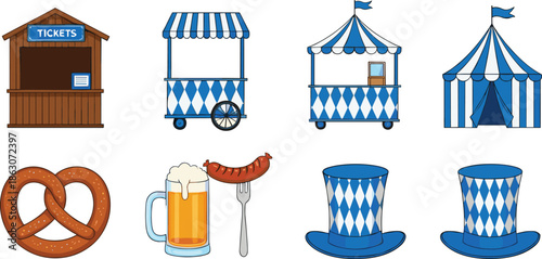 Set of Traditional Oktoberfest Festival Icons with Bavarian Food Stalls Beer Pretzel and Checkered Tents Vector