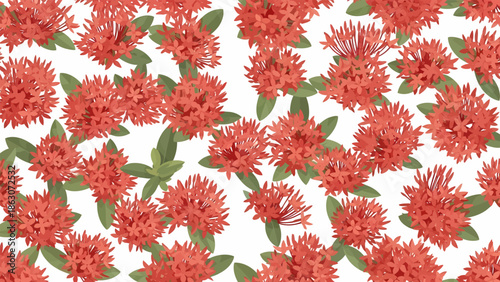 Red Celosia Flowers Pattern with Leaves.
