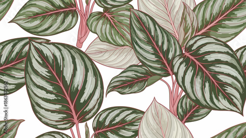 Tropical Leaves with Pink Veins and Stems.