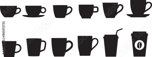 Collection of black coffee mug silhouettes in various shapes and sizes for drinks, presented as a minimalist graphic icon set for cafe and beverage concepts.