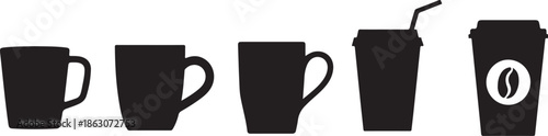 Collection of black coffee mug silhouettes in various shapes and sizes for drinks, presented as a minimalist graphic icon set for cafe and beverage concepts.