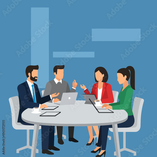 Business Team Meeting Strategy Discussion at Round Table with Laptops and Tablets