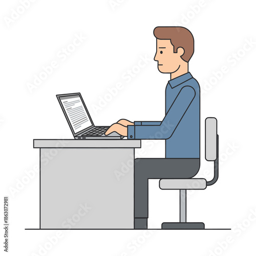 Man typing on laptop at office desk, focused on work, modern flat design illustration