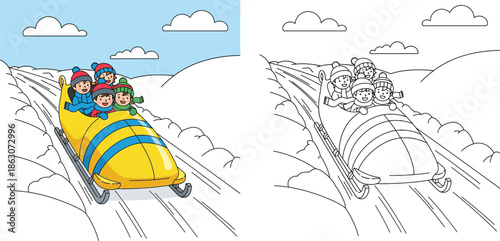Group of Happy Kids Bobsledding Down Snowy Track in Winter Fun