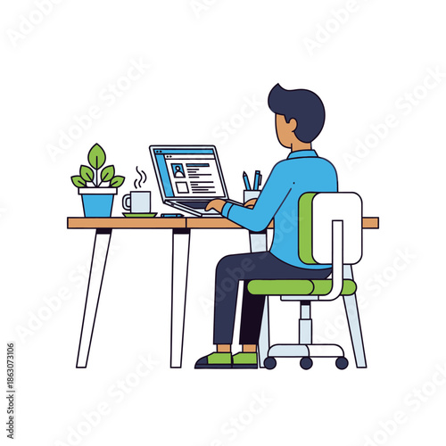 Man working on laptop at desk with potted plant and coffee, modern office illustration