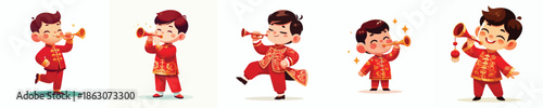 vector of a little boy blowing a Chinese New Year trumpet