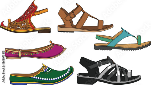 Traditional and modern sandals footwear illustration, ethnic jutti, leather flats, casual summer shoes collection, fashion design vector artwork