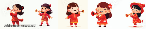 vector of a little girl blowing a Chinese New Year trumpet