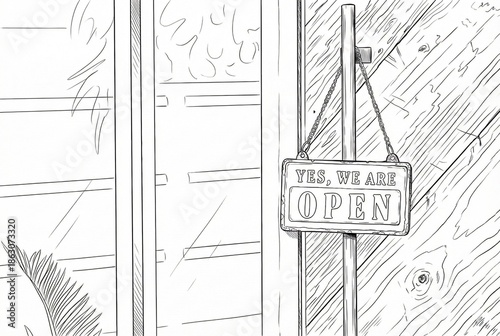  line drawing of a yes we're open sign , vintage restaurant sign , Open sign in street cafe