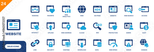 Website icon. Includes 404 page, SEO, web address, cloud, web speed, hosting. Solid vector icon set.