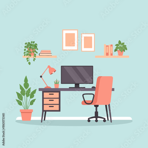 Cozy Home Office Desk Setup with Computer, Chair, Plants, and Books