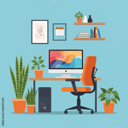 Modern Home Office Setup with Computer, Plants, and Shelves