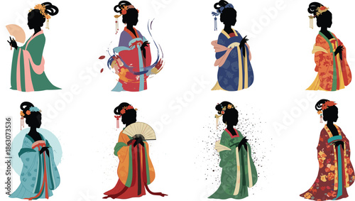 Traditional Japanese geisha kimono silhouettes collection, elegant women in colorful robes, cultural fashion vector illustration set, art design, poster background
