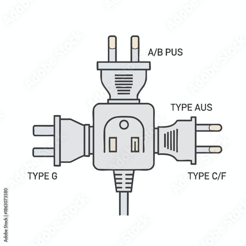 A white-background vector graphic of a multi-plug adapter with various plug types