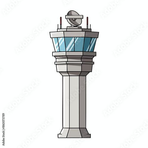 A gray air traffic control tower with antenna and observation windows