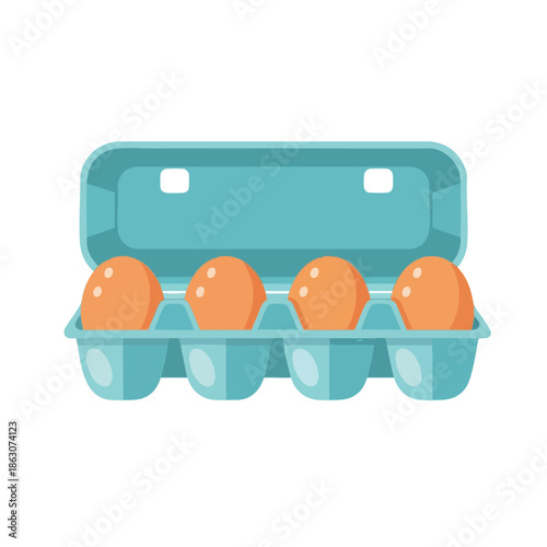 An open carton of 4 eggs, light blue, and the eggs are orange
