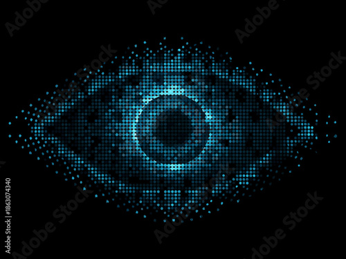 A digital eye formed from glowing blue particles on a black background