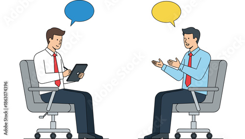 Two businessmen sitting in office chairs having a professional discussion with speech bubbles and digital tablet flat vector illustration isolated on white background.