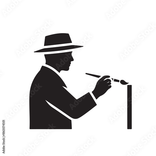 Man Painting on Easel in Classic Silhouette Style with Dramatic Black and White Lighting for Artistic