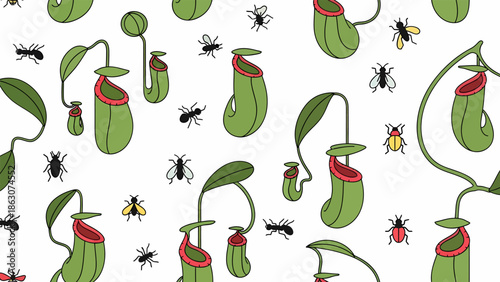 Pitcher Plant Illustration with Insects.