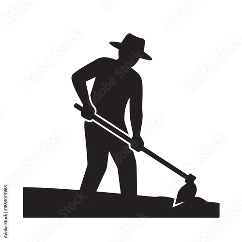 Farmer digging with shovel in silhouette style with dark tone on white background for agriculture