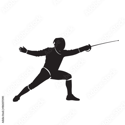 Fencer in action pose with fencing sword in black silhouette on white background for sports illustration