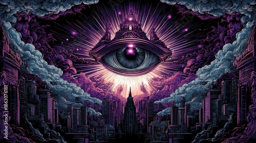 Cosmic All-Seeing Eye Above Neon Cityscape Surreal Engraving Art