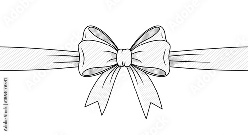 Detailed line art drawing of a perfectly tied ribbon bow extending horizontally for classic decorative borders and packaging.