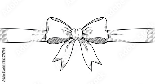 Hand drawn sketch style illustration of a classic ribbon bow with visible shading lines for a rustic and artistic gift wrap look.