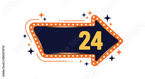Bright neon arrow sign pointing right with the number twenty four and sparkling stars for advertising all day and night services.