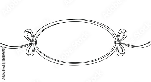 Decorative oval frame with ribbon bows on each side in a black and white line art style for greeting card designs.
