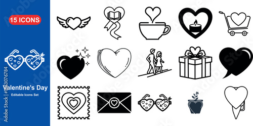Valentine's Day Icon Set: a collection of fourteen unique icons in black and white, each represents a facet of Valentine's Day. Designed with love and detail.