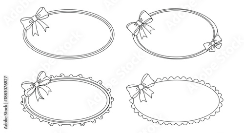 Collection of four different decorative oval frames featuring bows and scalloped edges in a detailed line art.