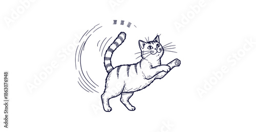 Happy Pouncing Striped Cat Vintage Engraving Sketch Ink Style Hand Drawn Animal Vector