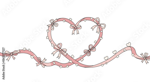 Long pink ribbon winding into a large heart shape adorned with tiny white hearts and multiple decorative bows.