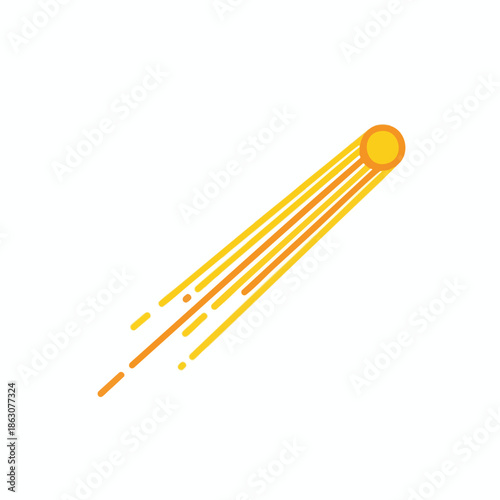 A stylized illustration of a celestial object with a yellow and orange trajectory