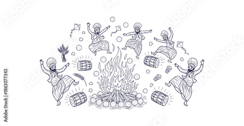 Traditional Lohri Festival Punjabi Bhangra Dance Bonfire Harvest Celebration Outline Doodle