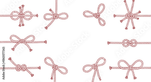 Diverse collection of rope knots and ribbon-like shapes made of cord in a rustic brown ink drawing style on white.