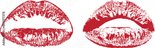 "Red lipstick kiss print illustration. Grunge textured lips imprint with bold romantic style. Perfect for love themes, beauty branding, fashion design, and modern graphic backgrounds."