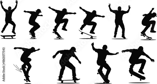Silhouettes of skateboarder performing multiple tricks in dynamic sequence, showcasing flips, jumps, balance, motion, athletic energy, and extreme sports performance