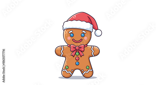 Cheerful cartoon gingerbread man cookie wearing a red and white santa hat and a red bow tie for christmas holidays.