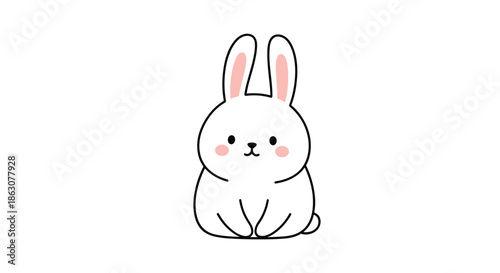 Adorable cartoon white bunny rabbit sitting peacefully with rosy cheeks and a simple minimalist design on white background.