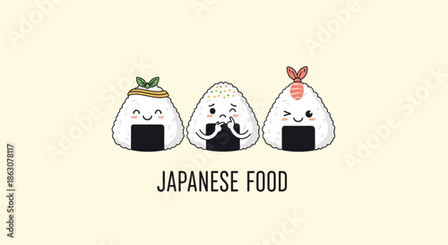 Three adorable cartoon onigiri rice ball characters with funny faces and toppings under the text japanese food.