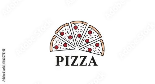 Graphic illustration of a pizza cut into slices arranged in a fan shape above the word pizza in bold serif font.