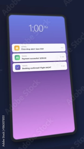 Travel Flight Booking App Notifications on Smartphone with Boarding Pass Gate Change, Delay Alert, and Trip Planner Status Update
