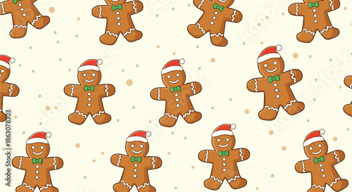 Festive seamless pattern featuring gingerbread man cookies wearing red santa hats scattered with white snow dots.