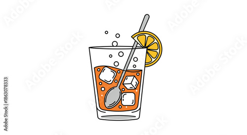 Refreshing iced tea or cocktail in a glass with ice cubes, a silver stirring spoon, and a slice of lemon on a white background.