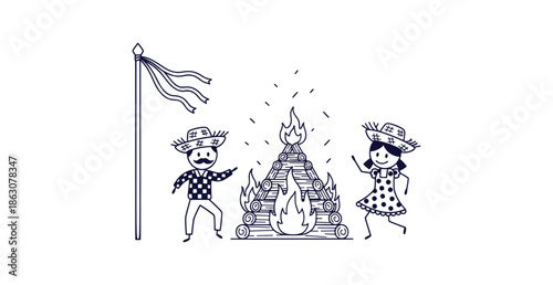 Traditional Brazilian Festa Junina Celebration Line Art Vector Bonfire Couple Dancing Festival Doodle