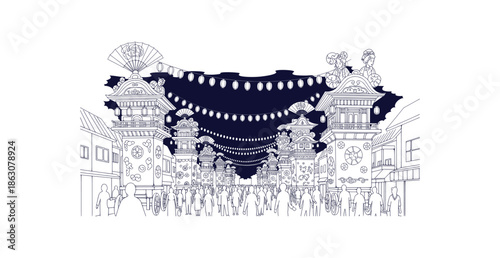 Traditional Japanese Festival Night Street Scene Crowd Vector Line Art Illustration